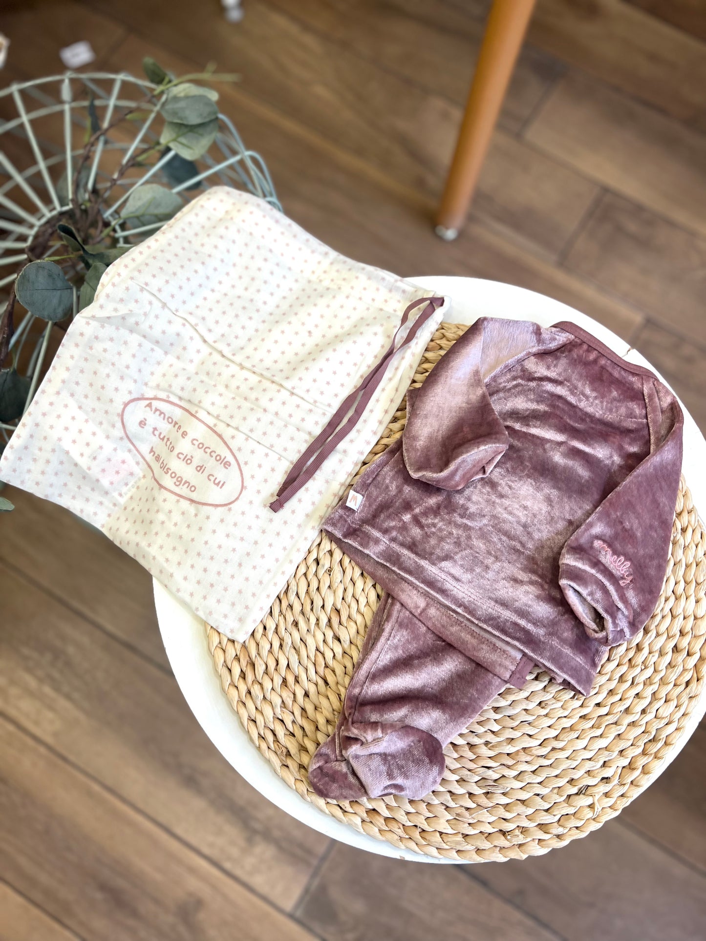 Completo in ciniglia Soft Bamboo con sacchetto Rosa cipolla