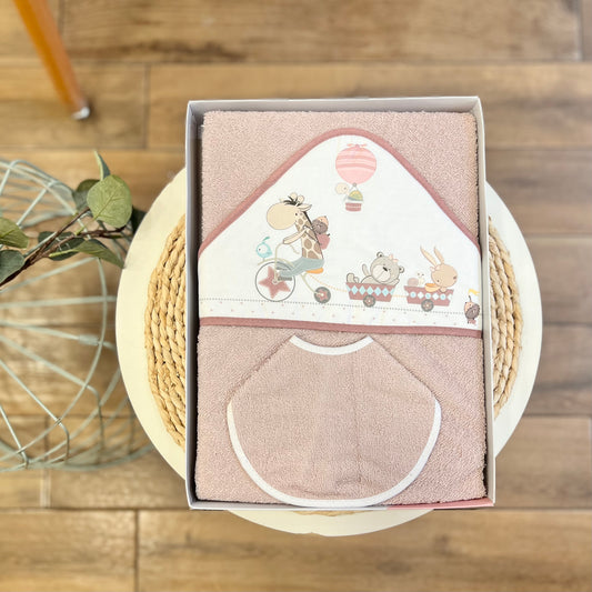 Accappatoio triangolo con bavetta Trenino Safari Rosa