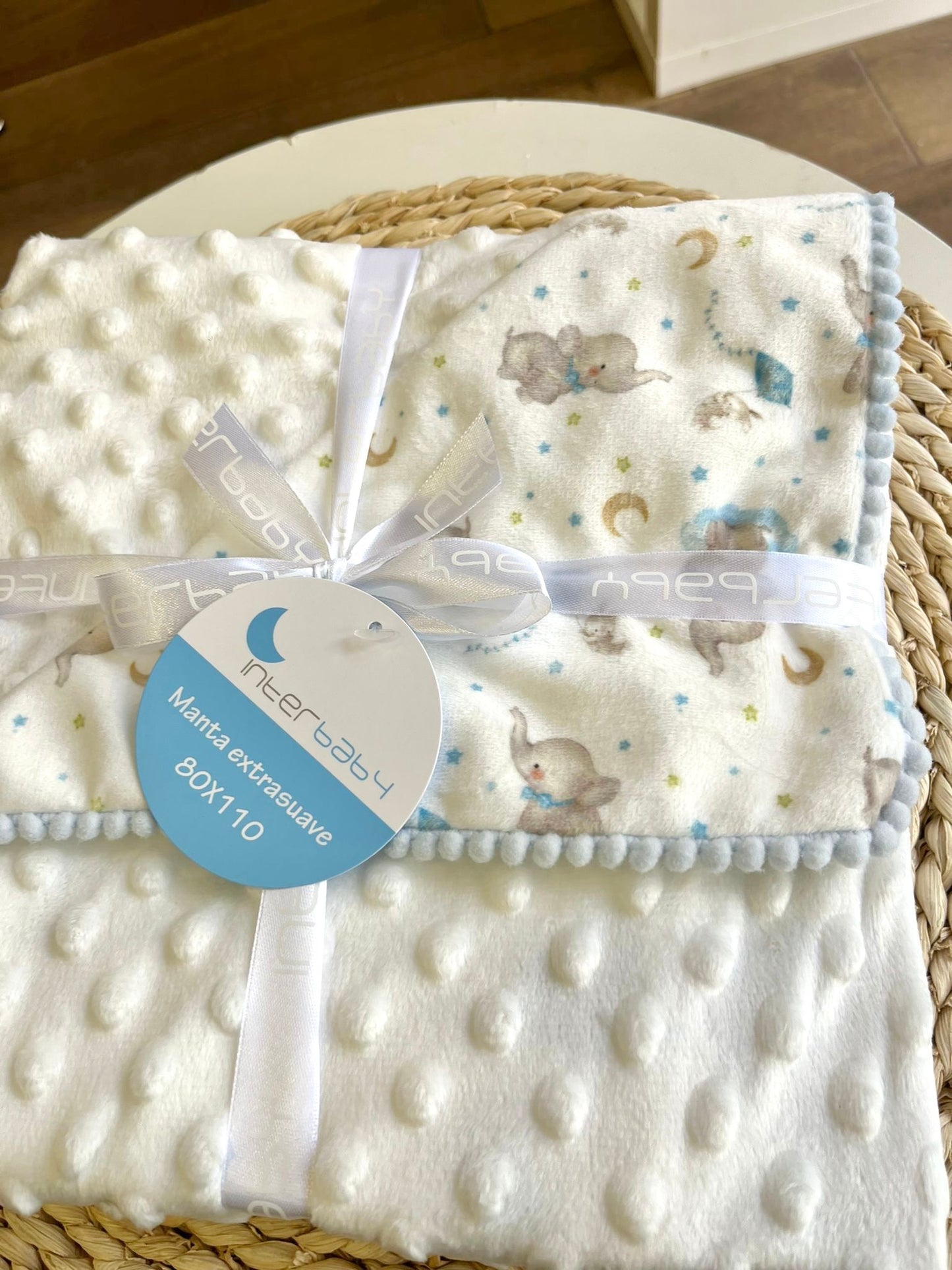 Copertina in ciniglia bolle Elephant celeste personalizzabile