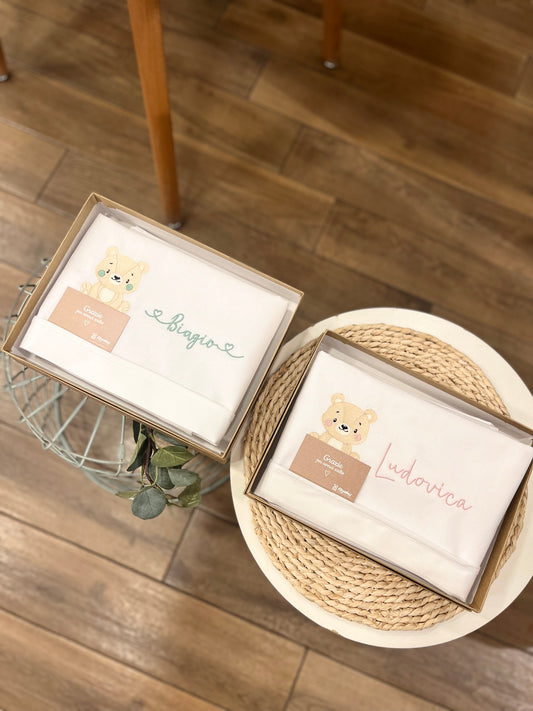 Set lenzuolino carrozzina personalizzato con disegno e nome ricamato