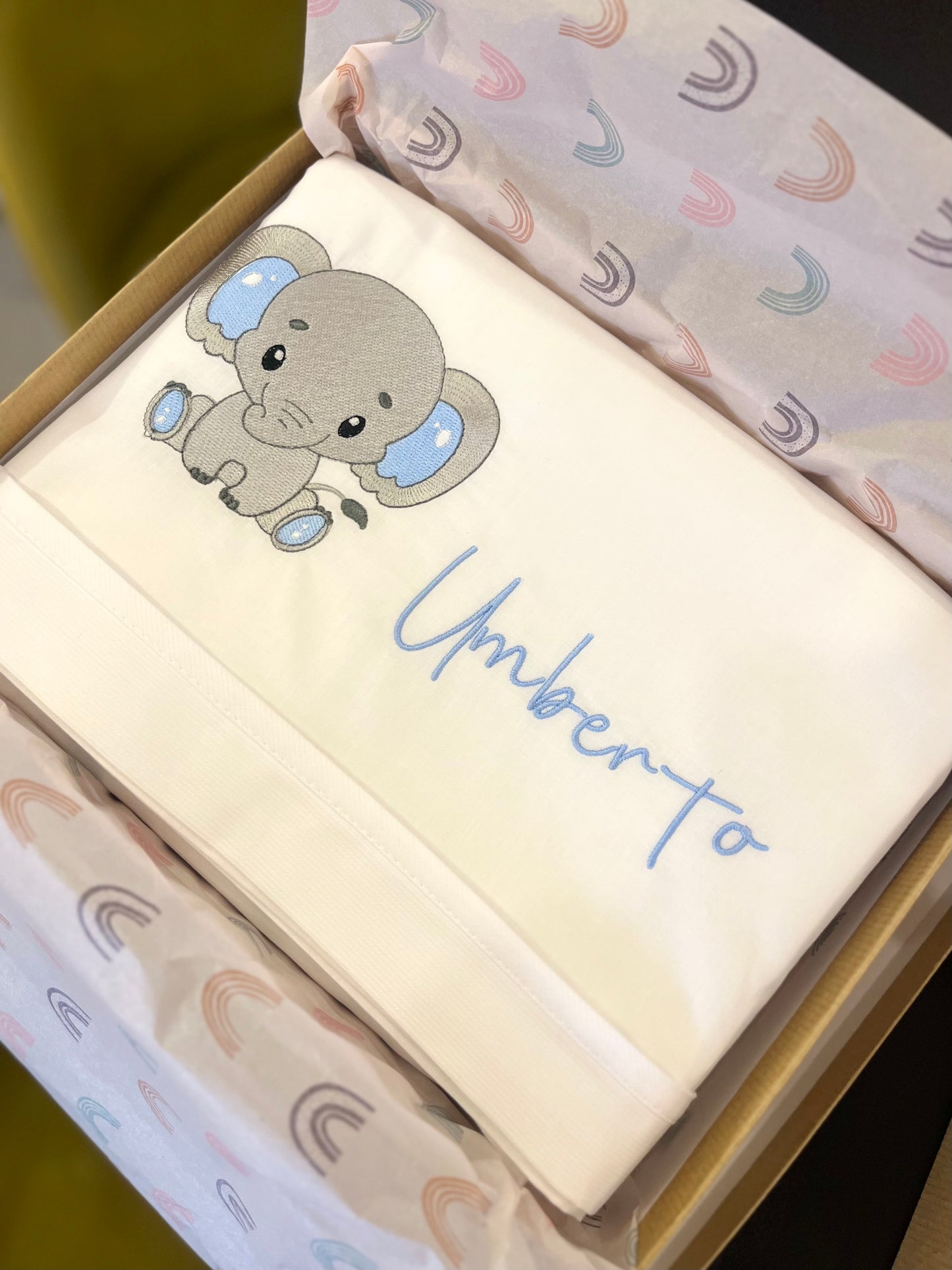 Set lenzuolino carrozzina personalizzato con disegno e nome ricamato