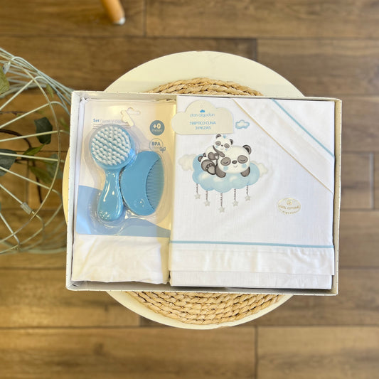 Set lettino + kit spazzole Panda azzurro