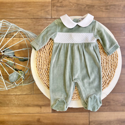 Tutina in ciniglia punto smock Salvia