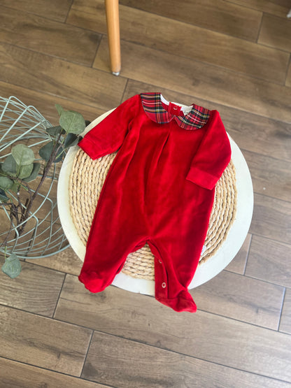 Tutina in ciniglia rossa con colletto tartan