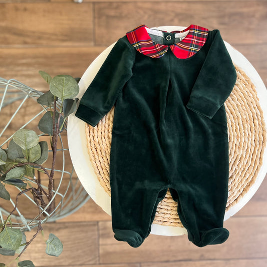 Tutina in ciniglia verde con colletto tartan