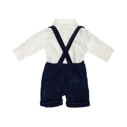 Completo con salopette a costine, camicia e papillon