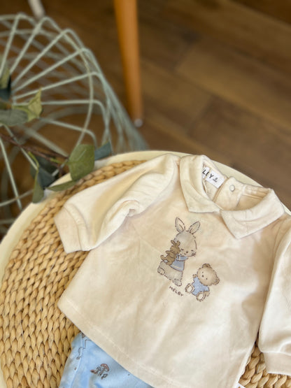 Completo in ciniglia Soft con cappellino Wood Celeste