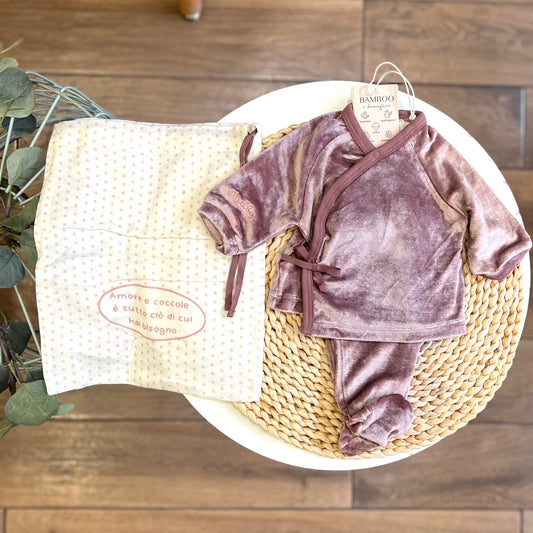 Completo in ciniglia Soft Bamboo con sacchetto Rosa cipolla
