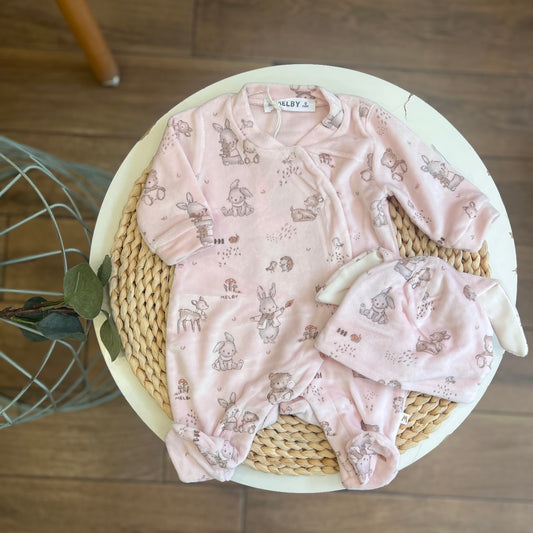 Tutina in ciniglia Soft con cappellino Wood Rosa