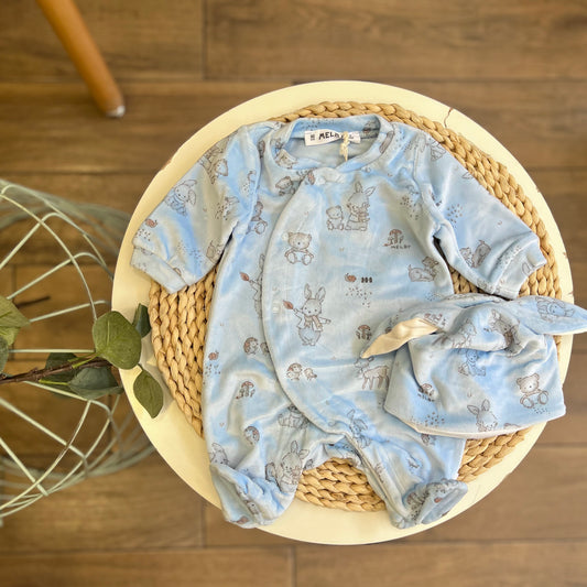 Tutina in ciniglia Soft con cappellino Wood Celeste