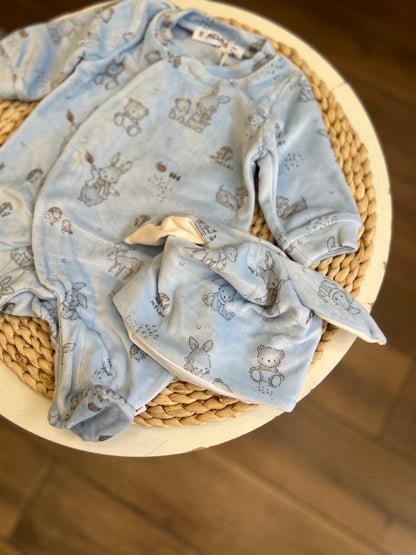 Tutina in ciniglia Soft con cappellino Wood Celeste