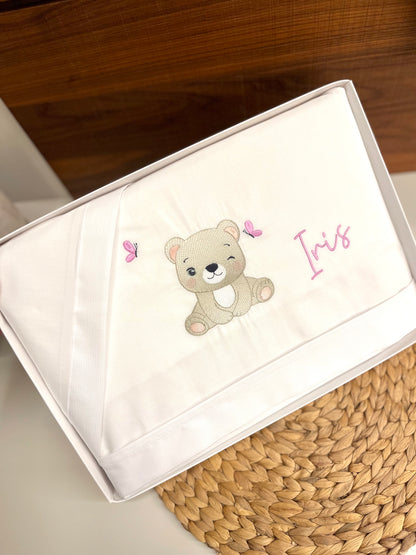 Set lenzuolino carrozzina personalizzato con disegno e nome ricamato