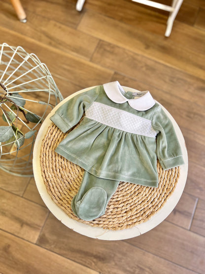 Completo in ciniglia punto smock Salvia