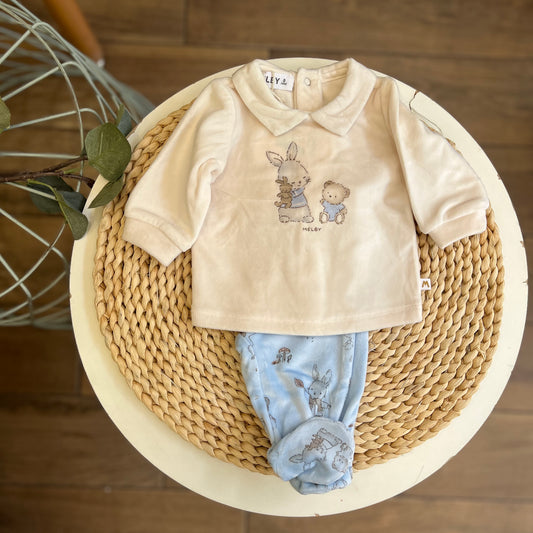 Completo in ciniglia Soft con cappellino Wood Celeste