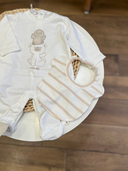 Set con pochette personalizzabile, bavetta e tutina in cotone