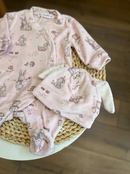 Tutina in ciniglia Soft con cappellino Wood Rosa