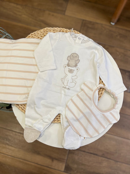 Set con pochette personalizzabile, bavetta e tutina in cotone