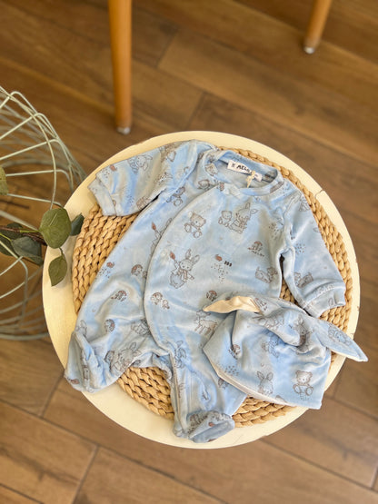 Tutina in ciniglia Soft con cappellino Wood Celeste