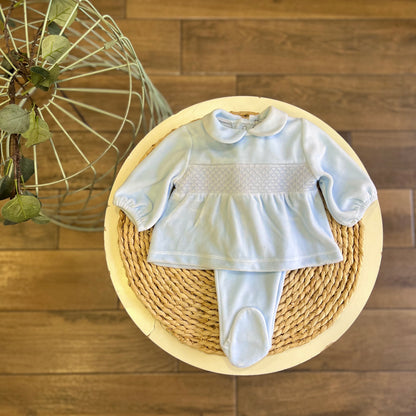 Completo in ciniglia punto smock Celeste