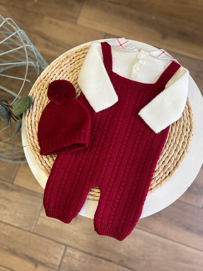 Completo invernale Borgogna maglioncino, salopette e cappellino